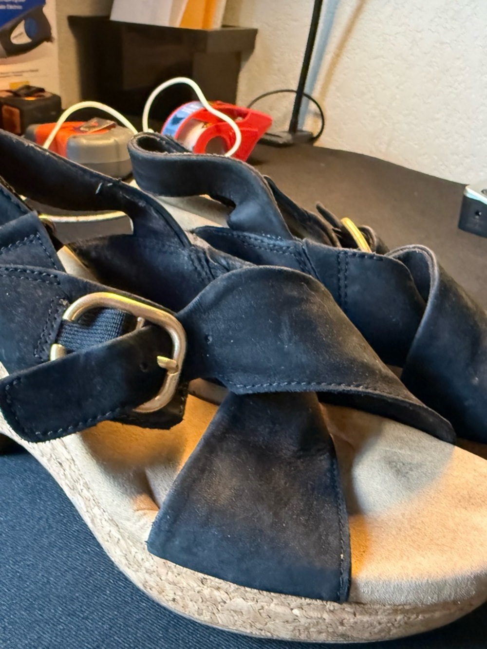 Clarks Navy Blue Suede Wedge Sandals